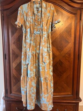 Blue and Mustard Floral Ruffle Tiered Maxi Dress